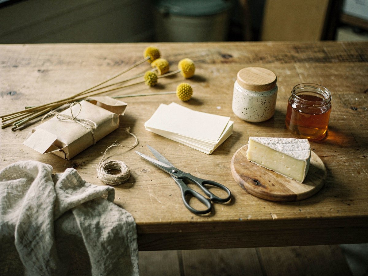 Werktafel met een half ingepakt cadeau in kraftpapier, jute touw, een stapel blanco kaartjes, een pot honing en een punt kaas