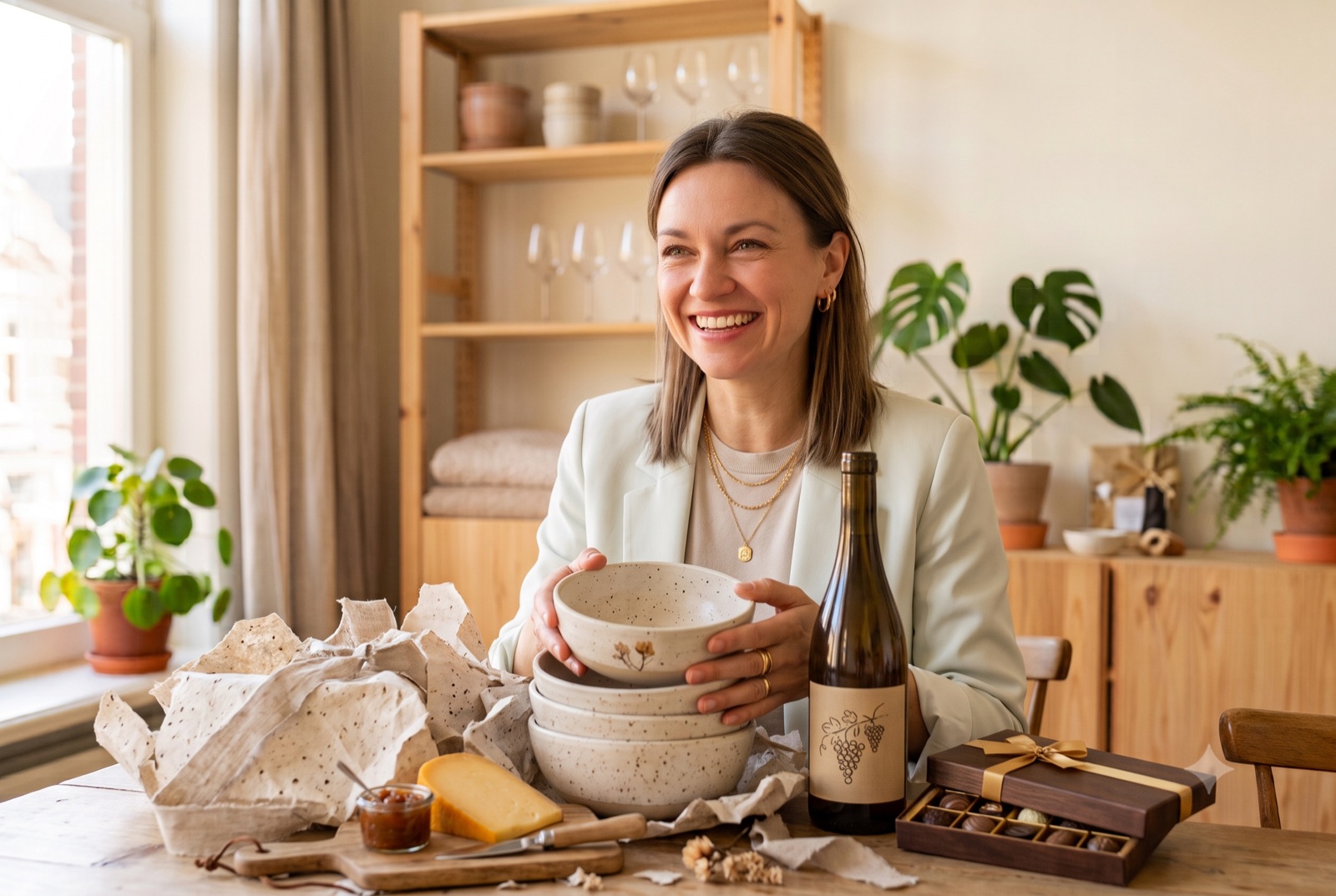 Lachende maker pakt ambachtelijke cadeaus uit